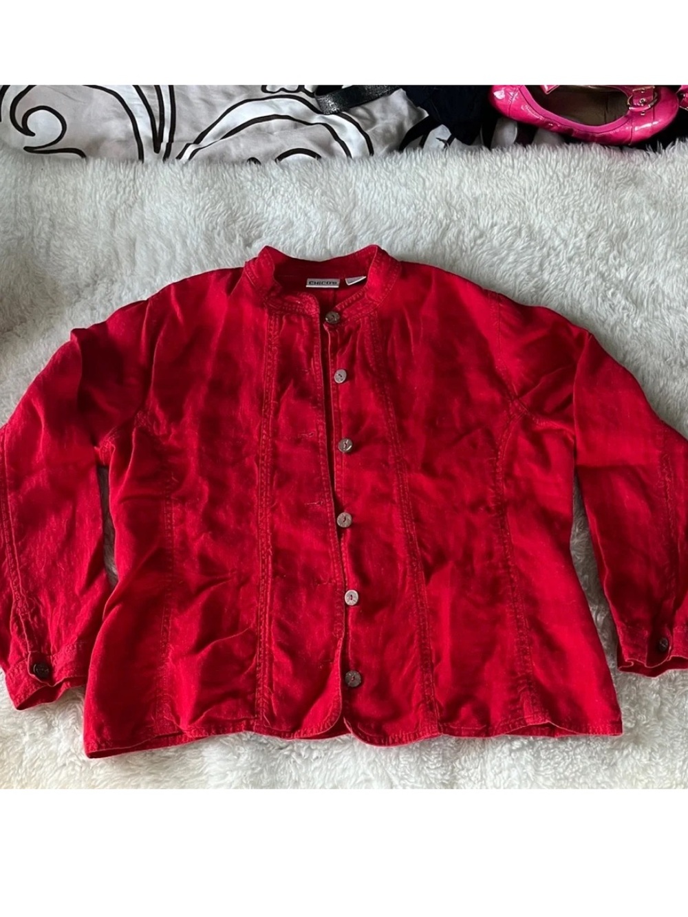 Chico's Red Linen button down jacket chicos sz 2 = XL